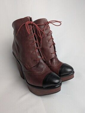 MIISTA Burgundy Leather Platform Boots Women Size 40 = 9 US Laces Closure Chunky